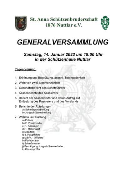 Generalversammlung Schützenbruderschaft St. Anna Nuttlar